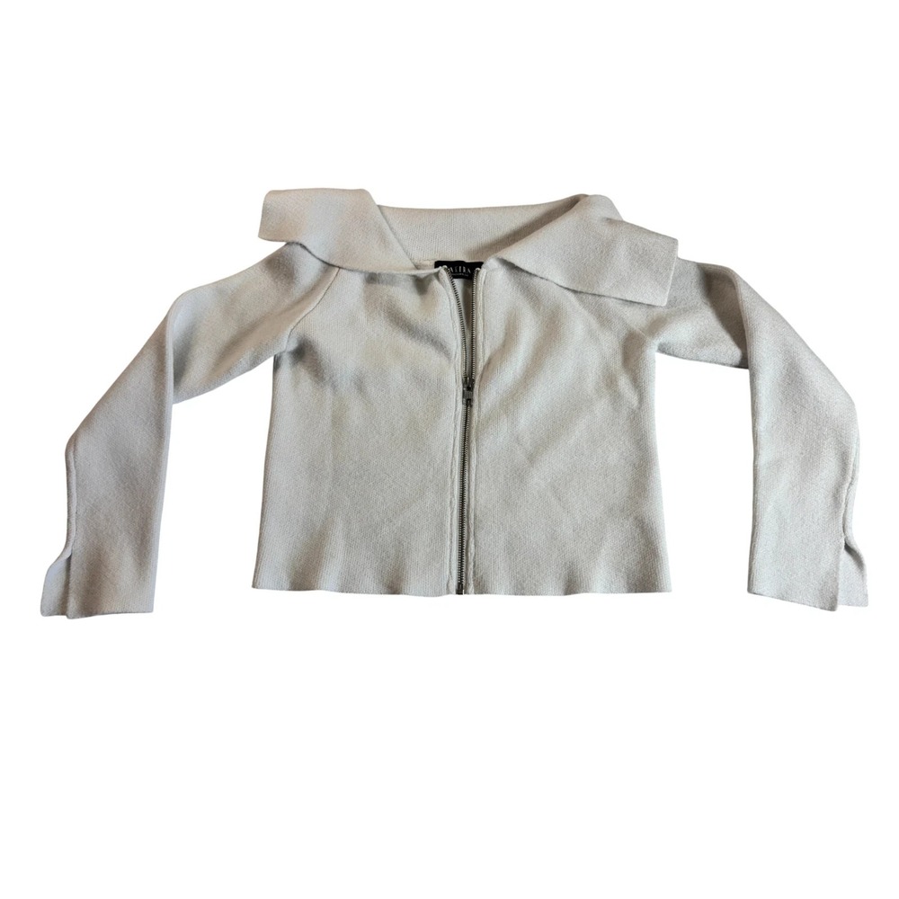 Akira Sweater Top Womens Medium White Cropped Tight Knit High Collar Front Zip